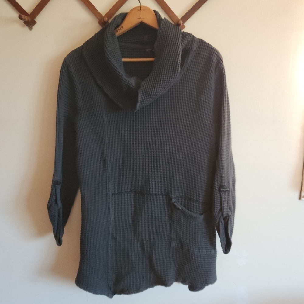 Focus Dark Gray Waffle Knit Cowl Neck Tunic Long Sleeve Cotton Small